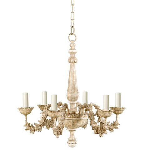 H2-041 - 6 Arm Leaves Carved Distressed Grey Chandelier