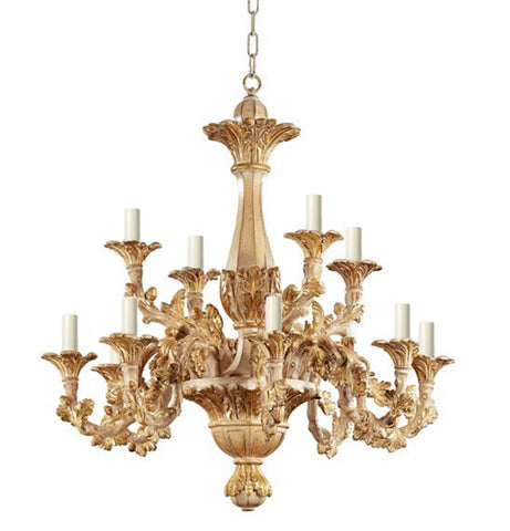 H2-044 - 12 Arm Acorn Carved Distressed Gold Chandelier