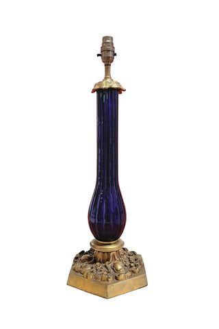 T4-002BL - Fluted Glass Column on Ornate Base - Blue Glass