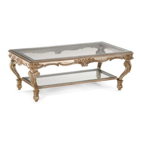 FUR-001 - Leaf and Scroll Coffee Table, Hand Carved, Distressed, Glass Top