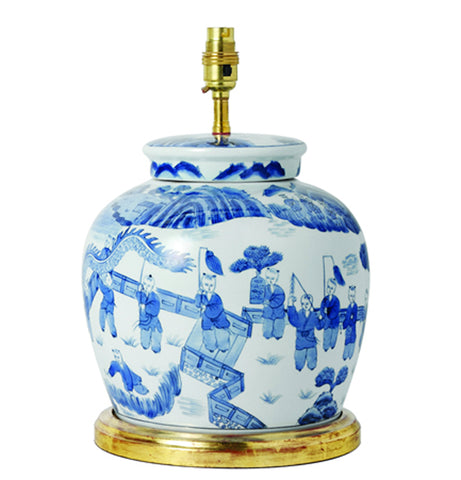 T7-014 - Blue/White Ginger Jar Ceramic Table Lamp, Gilded Base