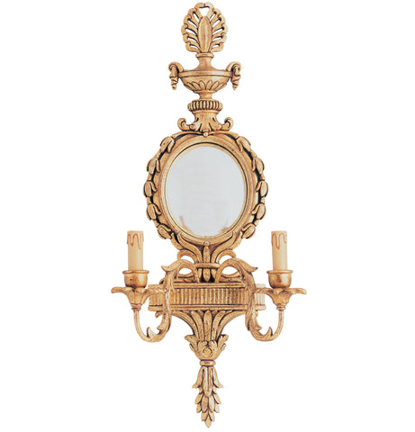 W4-024 - Large Ornate Wall Sconce with Oval Mirror, Hand Carved, Distressed Gold Leaf