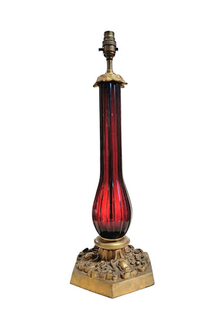 T4-002RD - Fluted Glass Column on Ornate Base - Red Glass