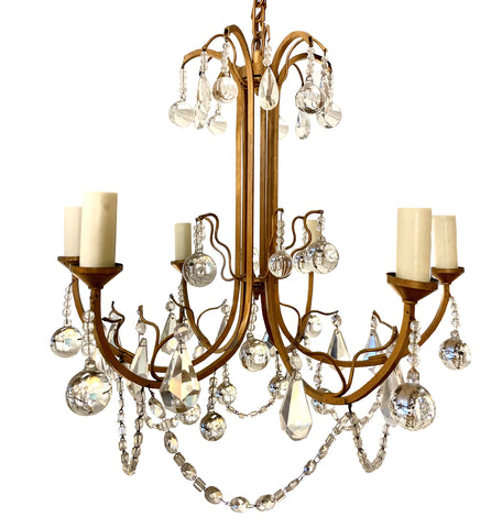 ANT23 - 1920's 6-Arm Antique Chandelier, Crystal and Gilt Finish